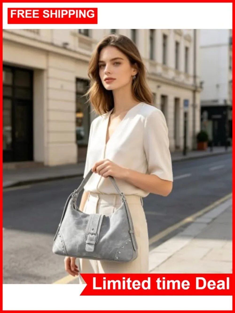Vegan Leather Retro Rivet Hobo Shoulder Bag with Adjustable Strap